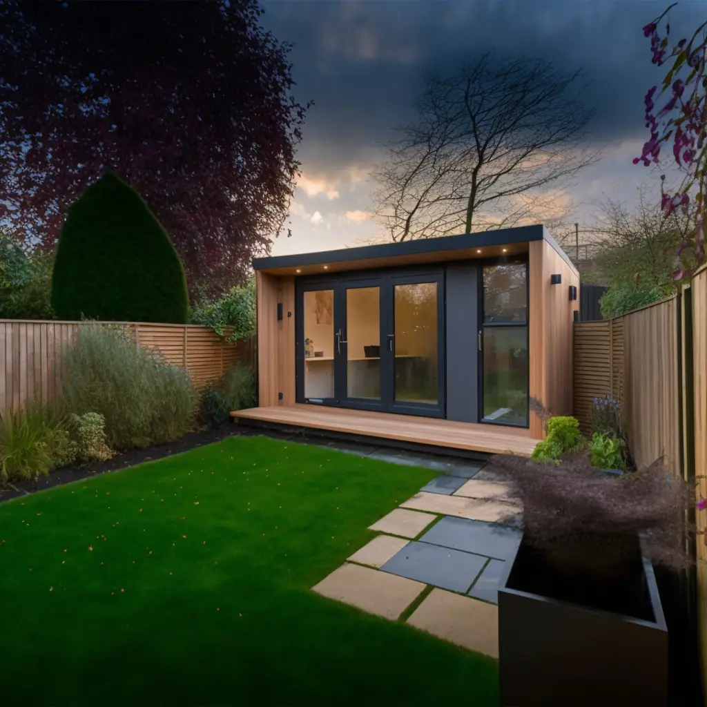 Large garden games room with sliding doors
